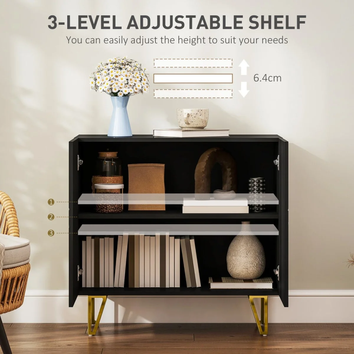 Diro High Gloss Black Geometric Pattern Sideboard, Gold Hairpin Legs – image 5