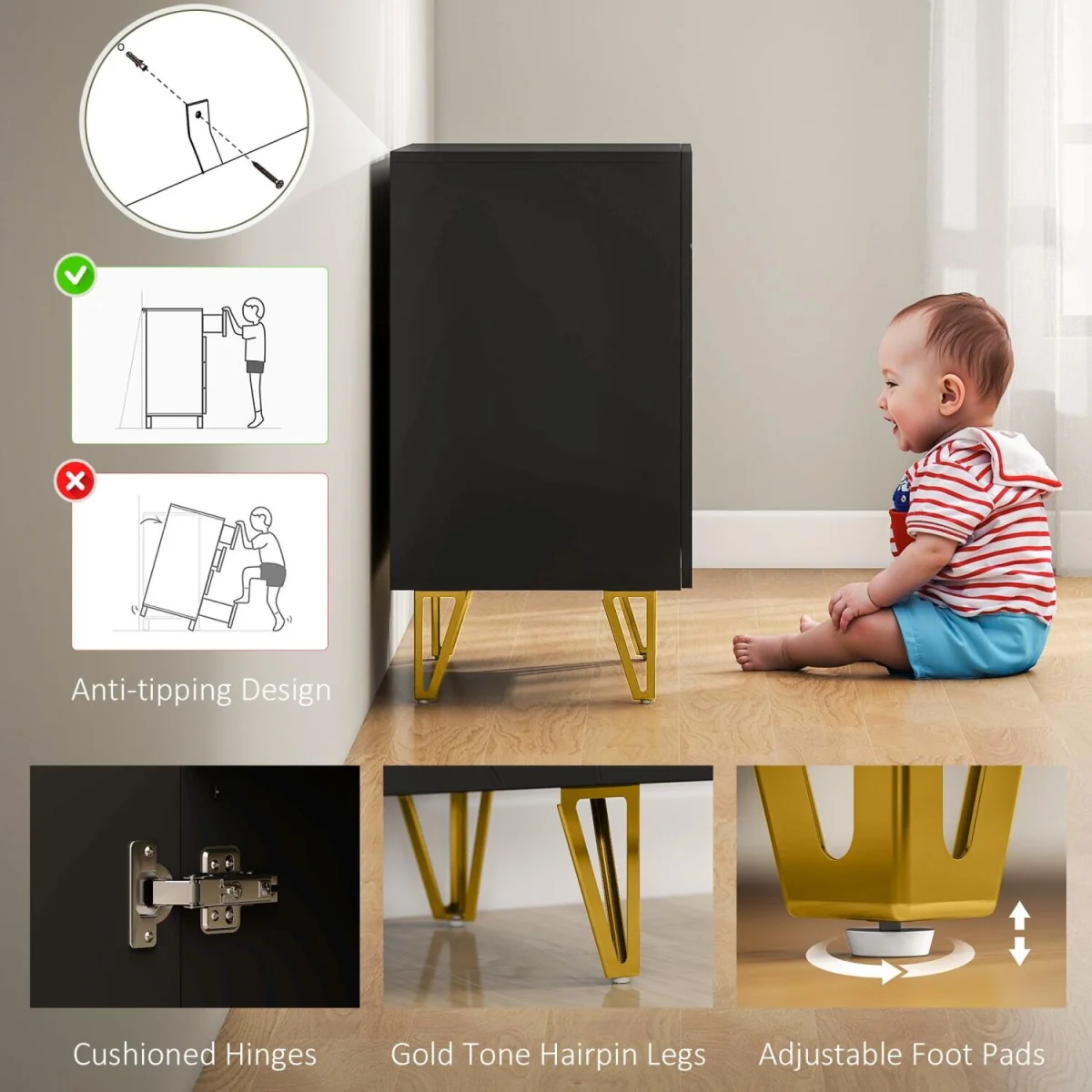 Diro High Gloss Black Geometric Pattern Sideboard, Gold Hairpin Legs – image 6