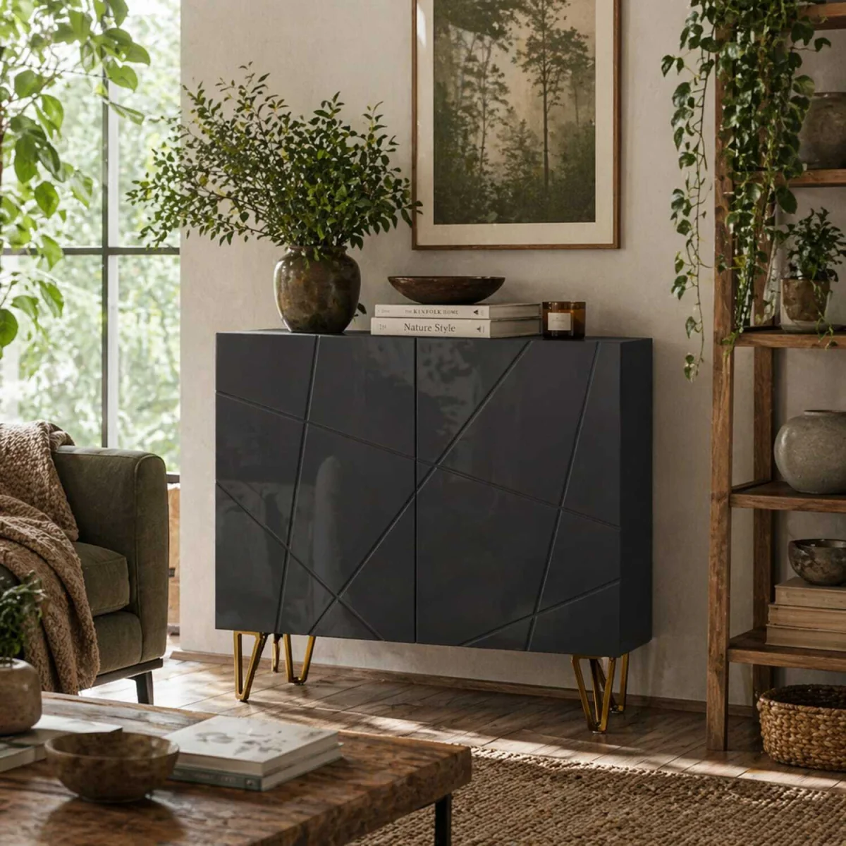 Diro High Gloss Black Geometric Pattern Sideboard, Gold Hairpin Legs – image 1