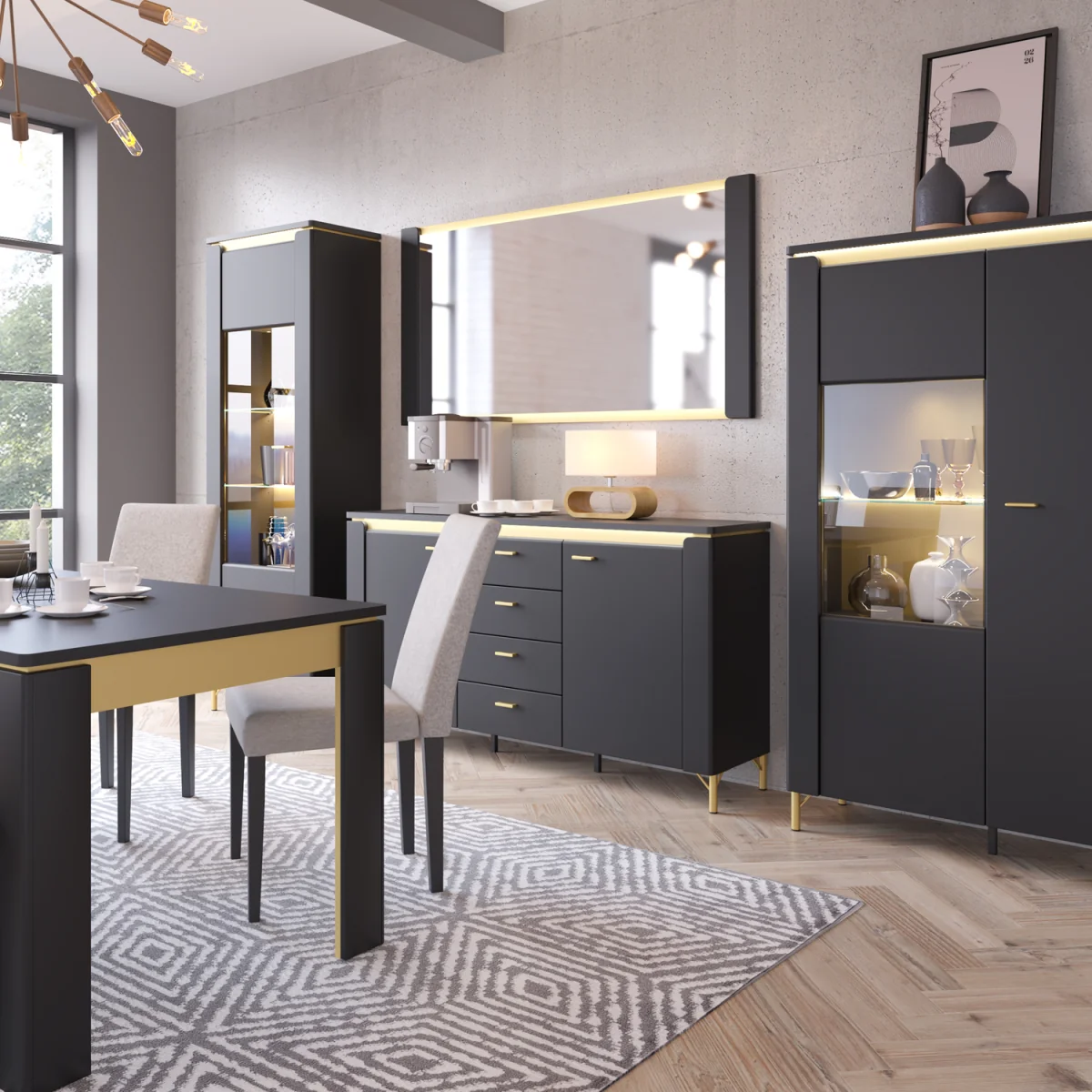 Genoa Sideboard 2 Door 4 Drawer in Black Matt/Gold - Black & Gold – image 4