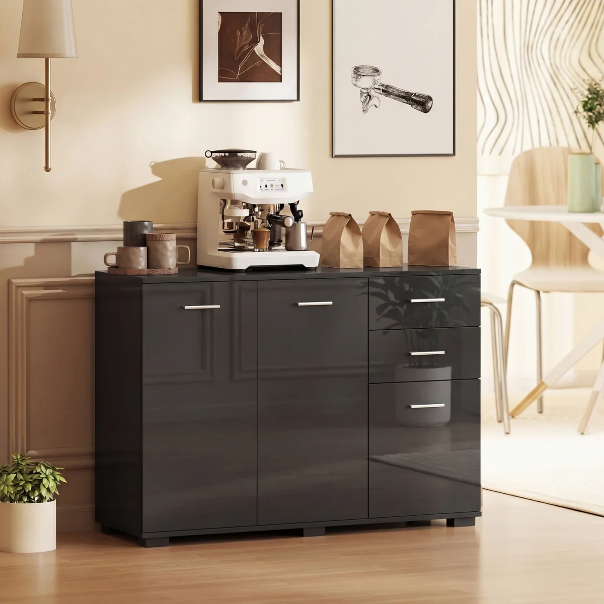 HOMCOM Sideboard Kitchen Storage Cabinet with 2 Drawers - High Gloss Black / Particle Board / 24.5kg – image 2