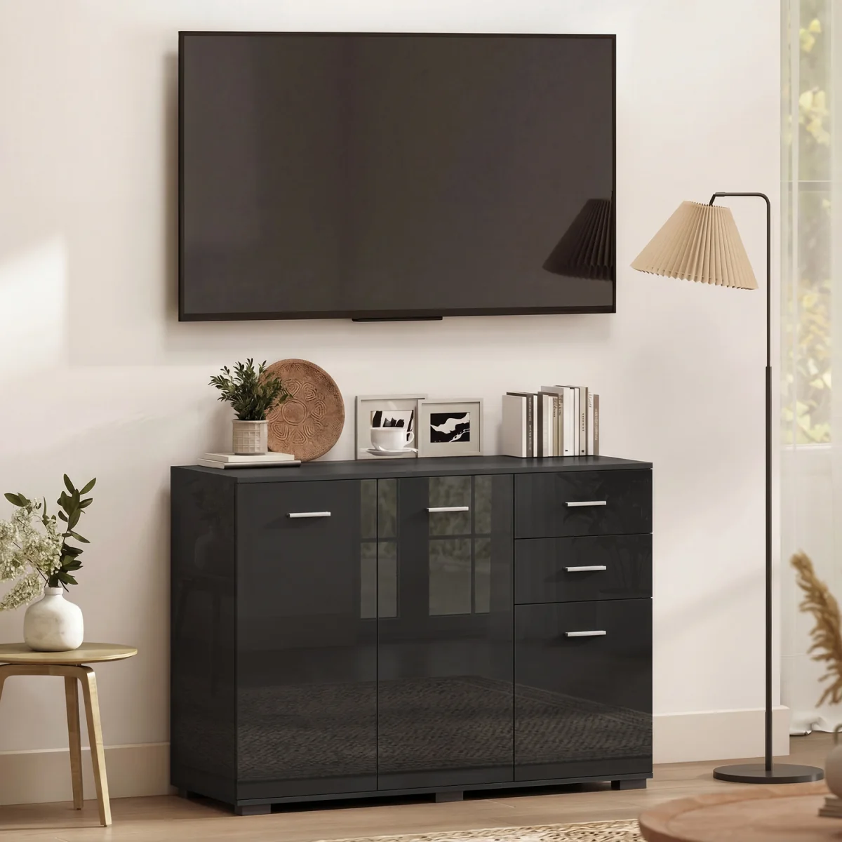 HOMCOM Sideboard Kitchen Storage Cabinet with 2 Drawers - High Gloss Black / Particle Board / 24.5kg – image 3