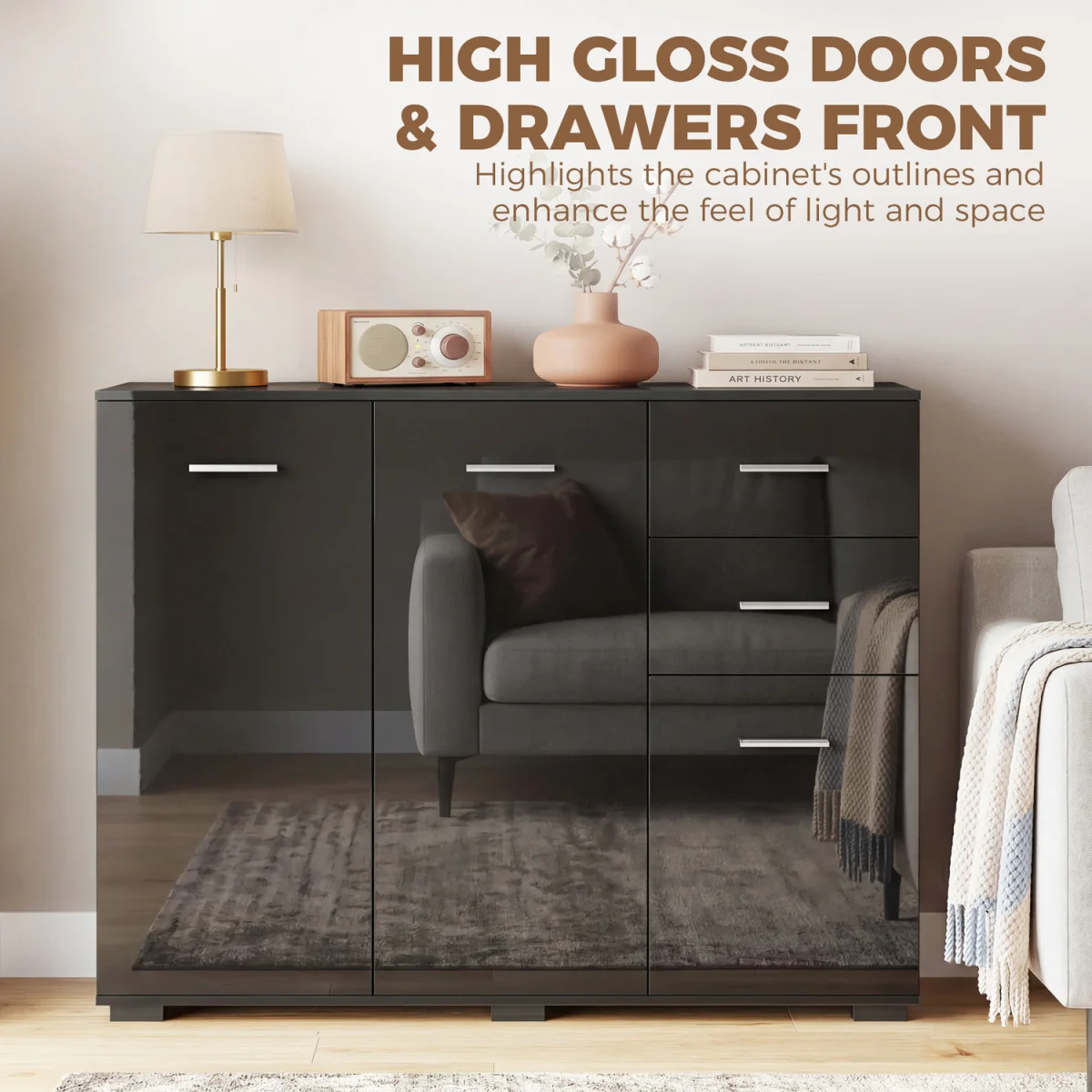 HOMCOM Sideboard Kitchen Storage Cabinet with 2 Drawers - High Gloss Black / Particle Board / 24.5kg – image 5