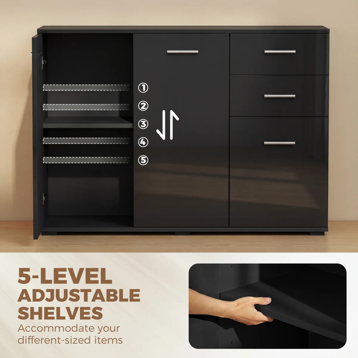 HOMCOM Sideboard Kitchen Storage Cabinet with 2 Drawers - High Gloss Black / Particle Board / 24.5kg – image 6