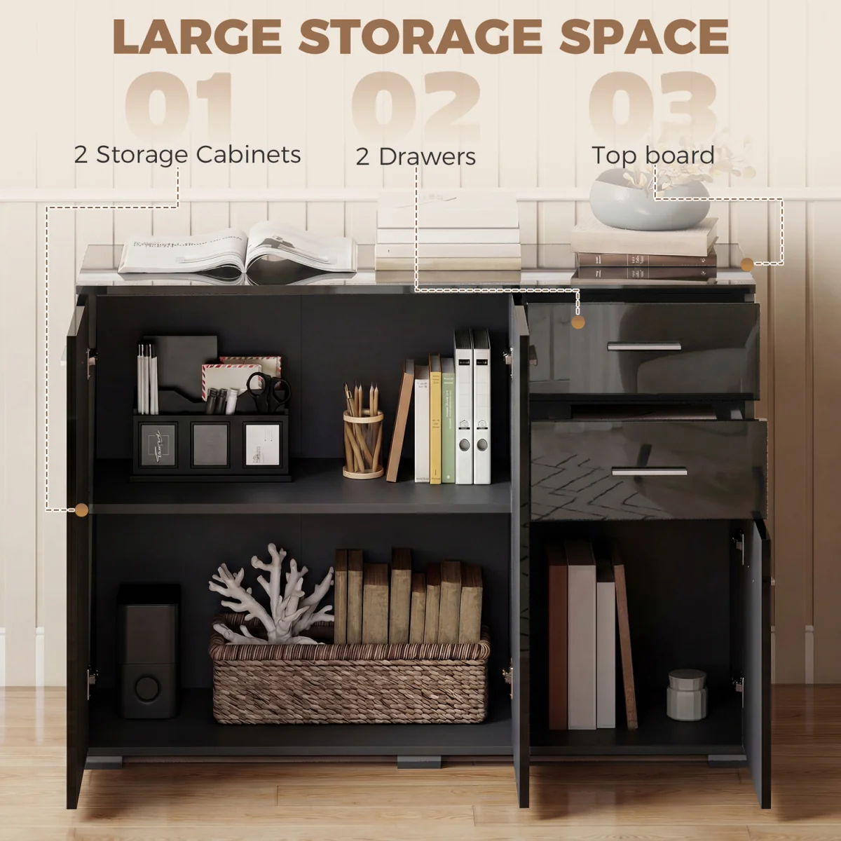 HOMCOM Sideboard Kitchen Storage Cabinet with 2 Drawers - High Gloss Black / Particle Board / 24.5kg – image 7