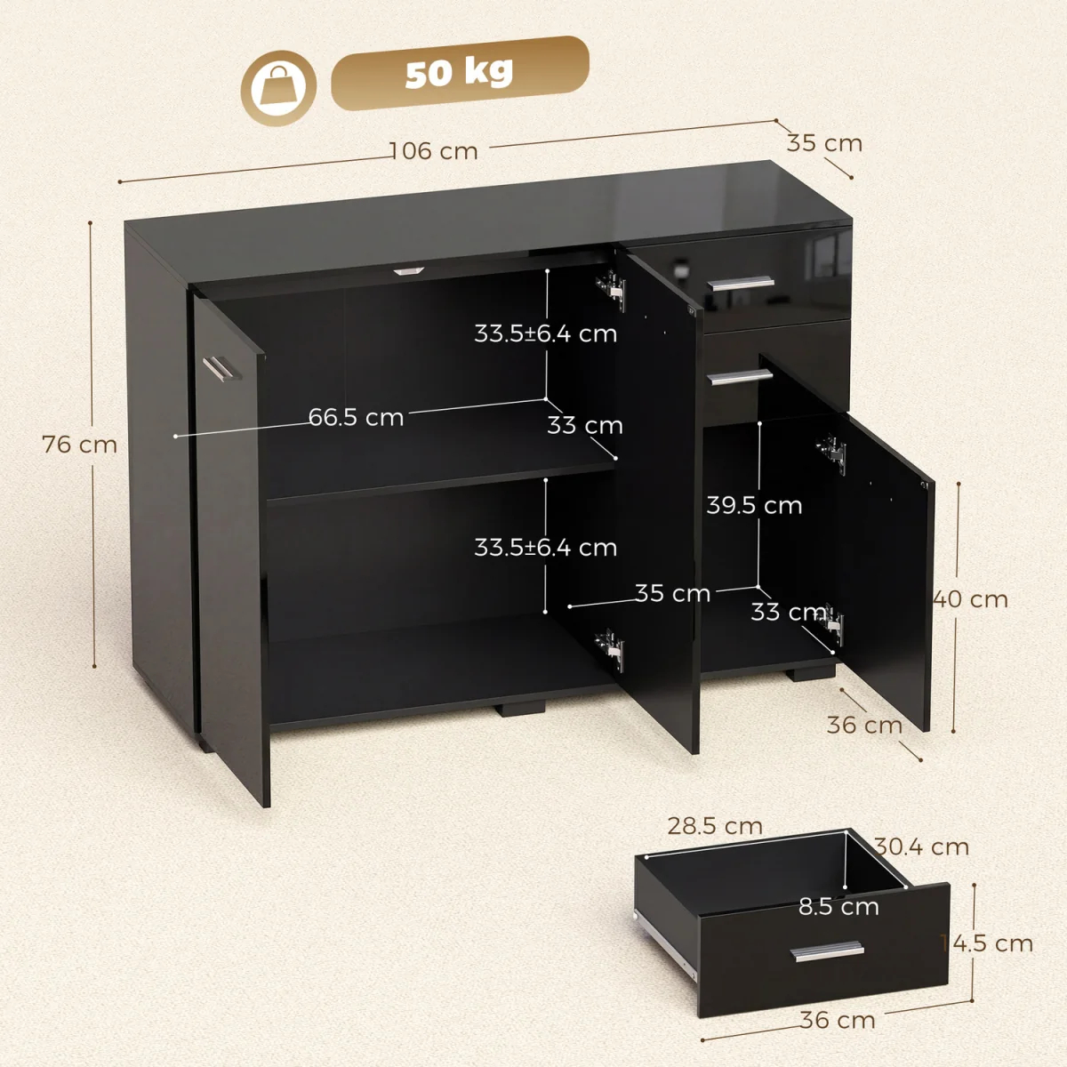 HOMCOM Sideboard Kitchen Storage Cabinet with 2 Drawers - High Gloss Black / Particle Board / 24.5kg – image 8