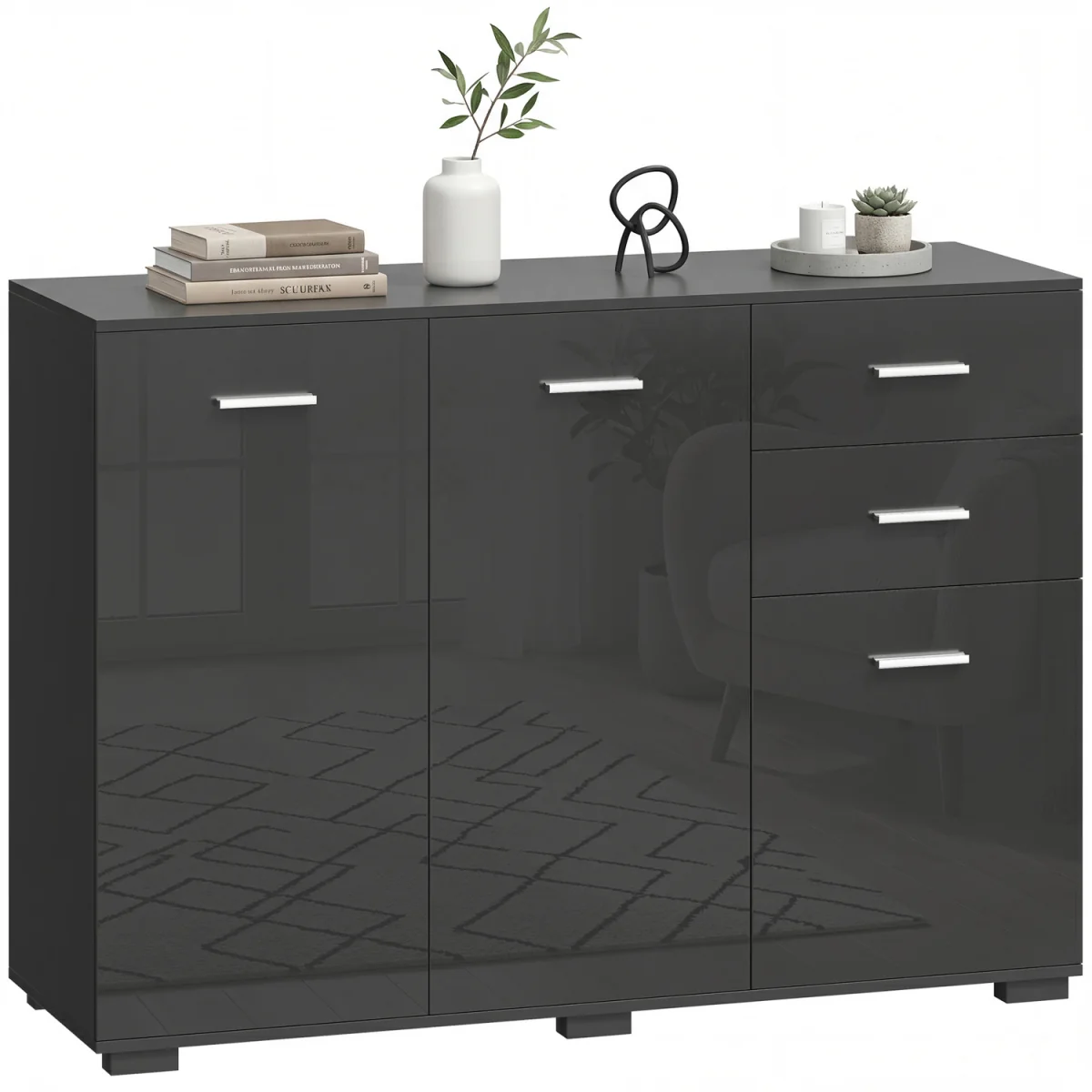 HOMCOM Sideboard Kitchen Storage Cabinet with 2 Drawers - High Gloss Black / Particle Board / 24.5kg – image 9