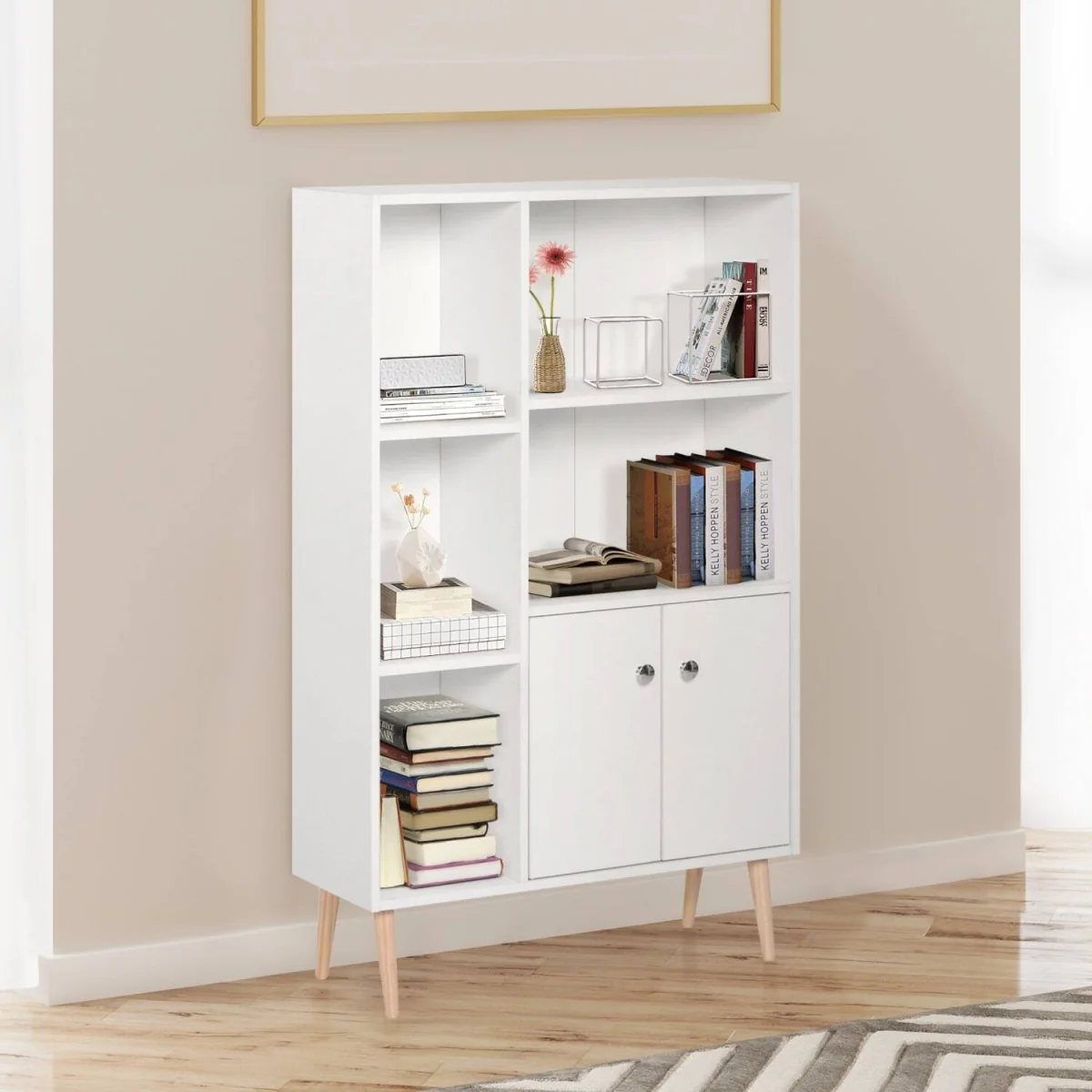 Toralesa Wood White Sideboard Bookcase with 2 Doors and 5 Storage Compartments – image 2