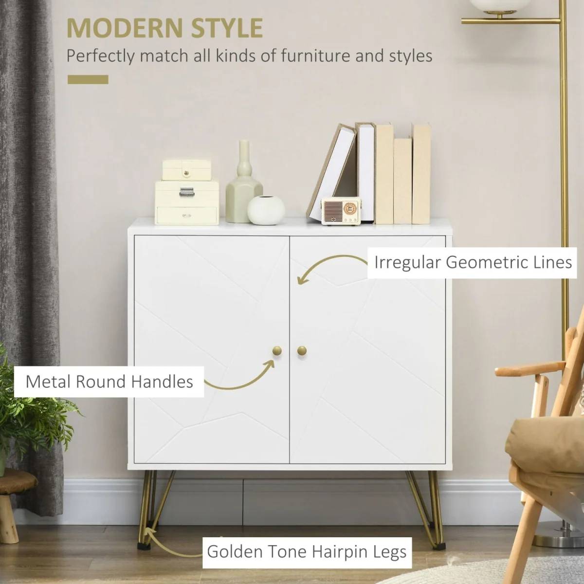Vifiva White Slim Sideboard with Gold Hairpin Legs, 2 Doors – image 5
