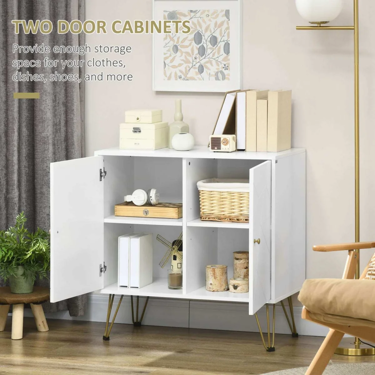 Vifiva White Slim Sideboard with Gold Hairpin Legs, 2 Doors – image 6