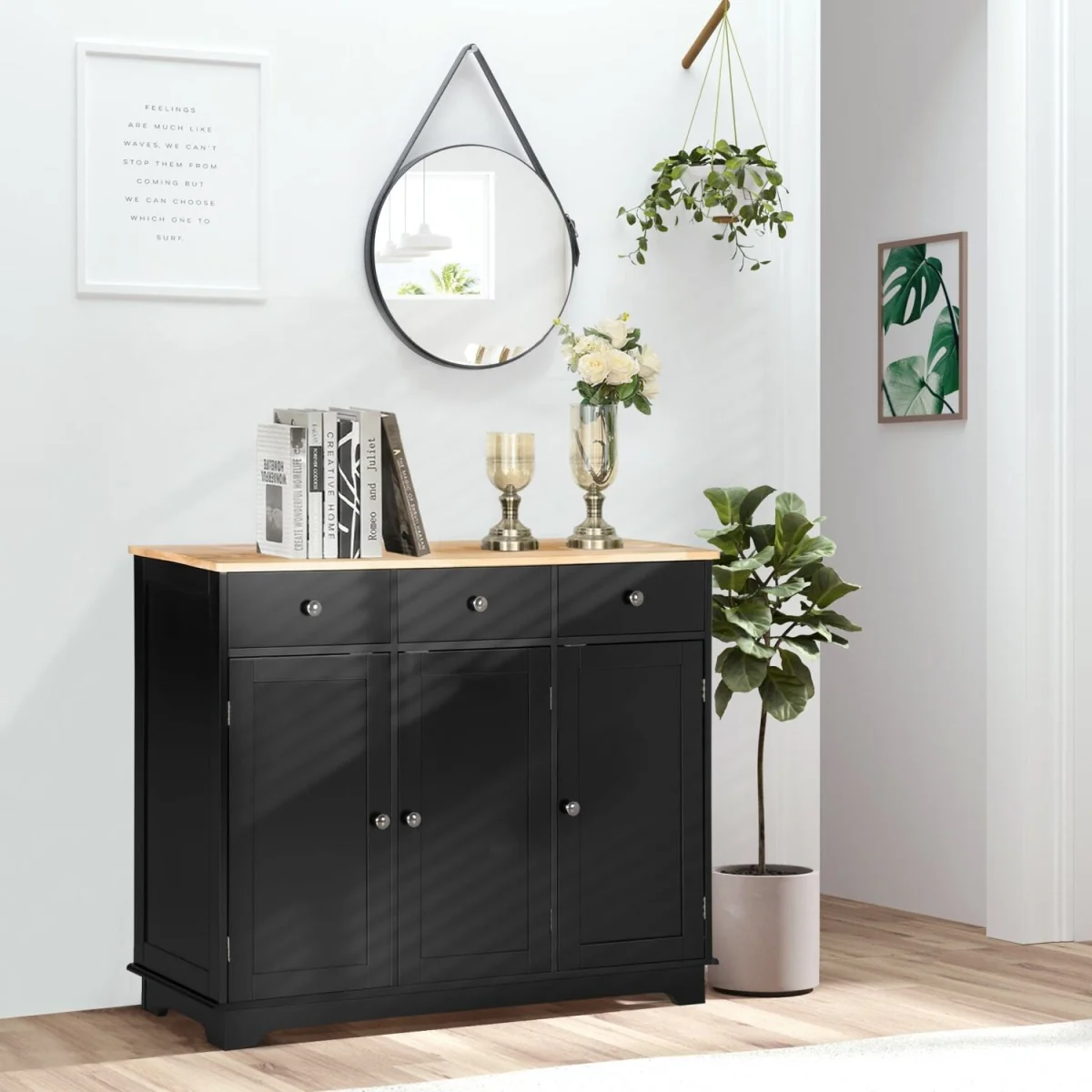 Totoro Sideboard - Black Body with Natural Rubberwood Top, 3 Doors 3 Drawers – image 3