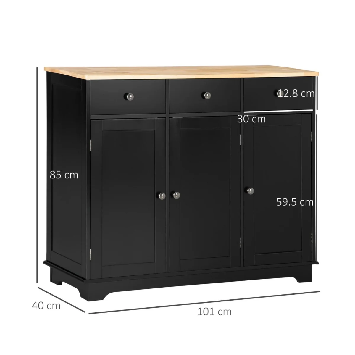 Totoro Sideboard - Black Body with Natural Rubberwood Top, 3 Doors 3 Drawers – image 4