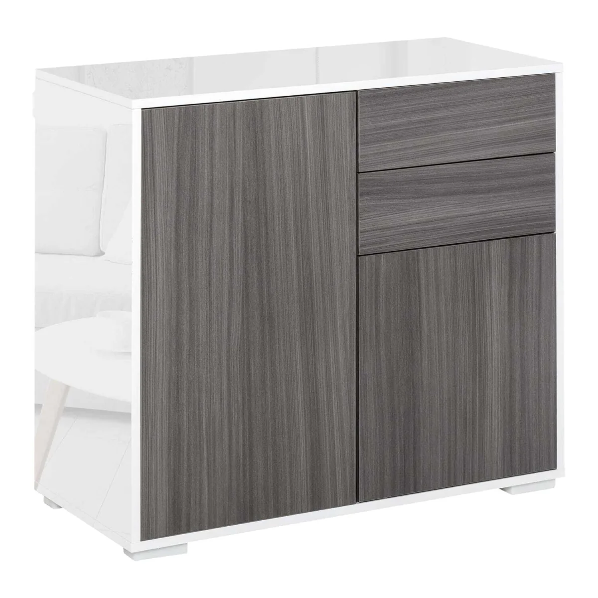 Luel High Gloss White and Light Grey Wood-Effect Compact Sideboard - 2 Doors, 2 Drawers – image 3