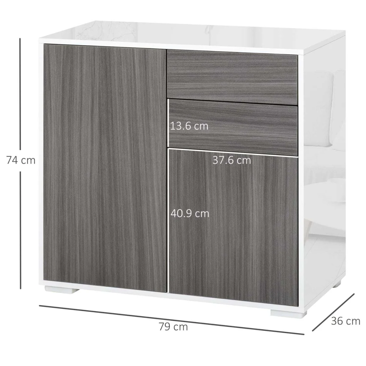 Luel High Gloss White and Light Grey Wood-Effect Compact Sideboard - 2 Doors, 2 Drawers – image 4