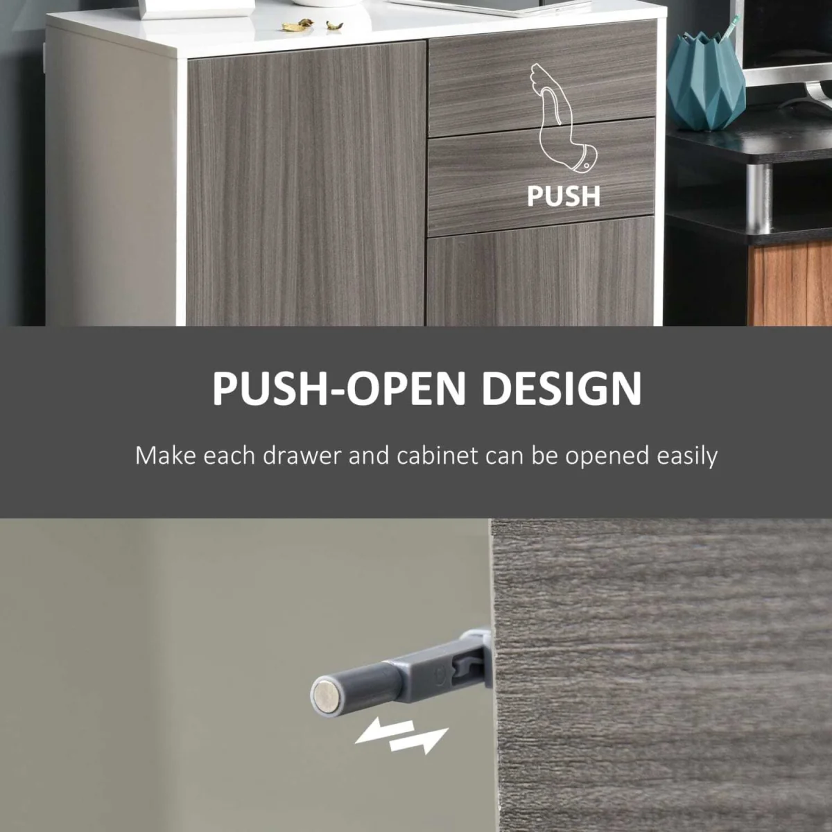Luel High Gloss White and Light Grey Wood-Effect Compact Sideboard - 2 Doors, 2 Drawers – image 6