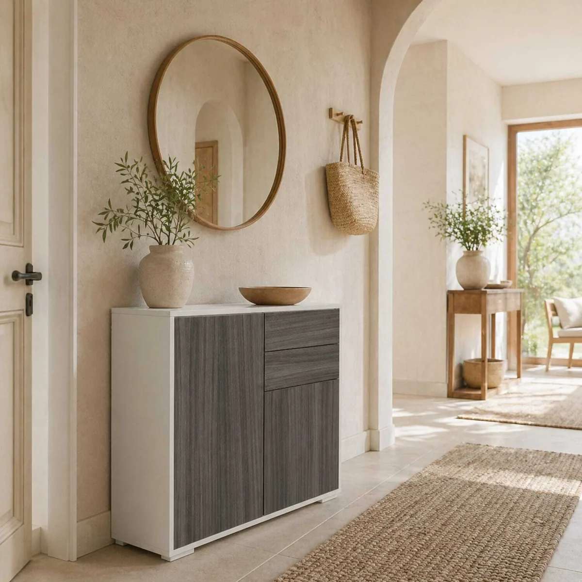 Luel High Gloss White and Light Grey Wood-Effect Compact Sideboard - 2 Doors, 2 Drawers – image 1