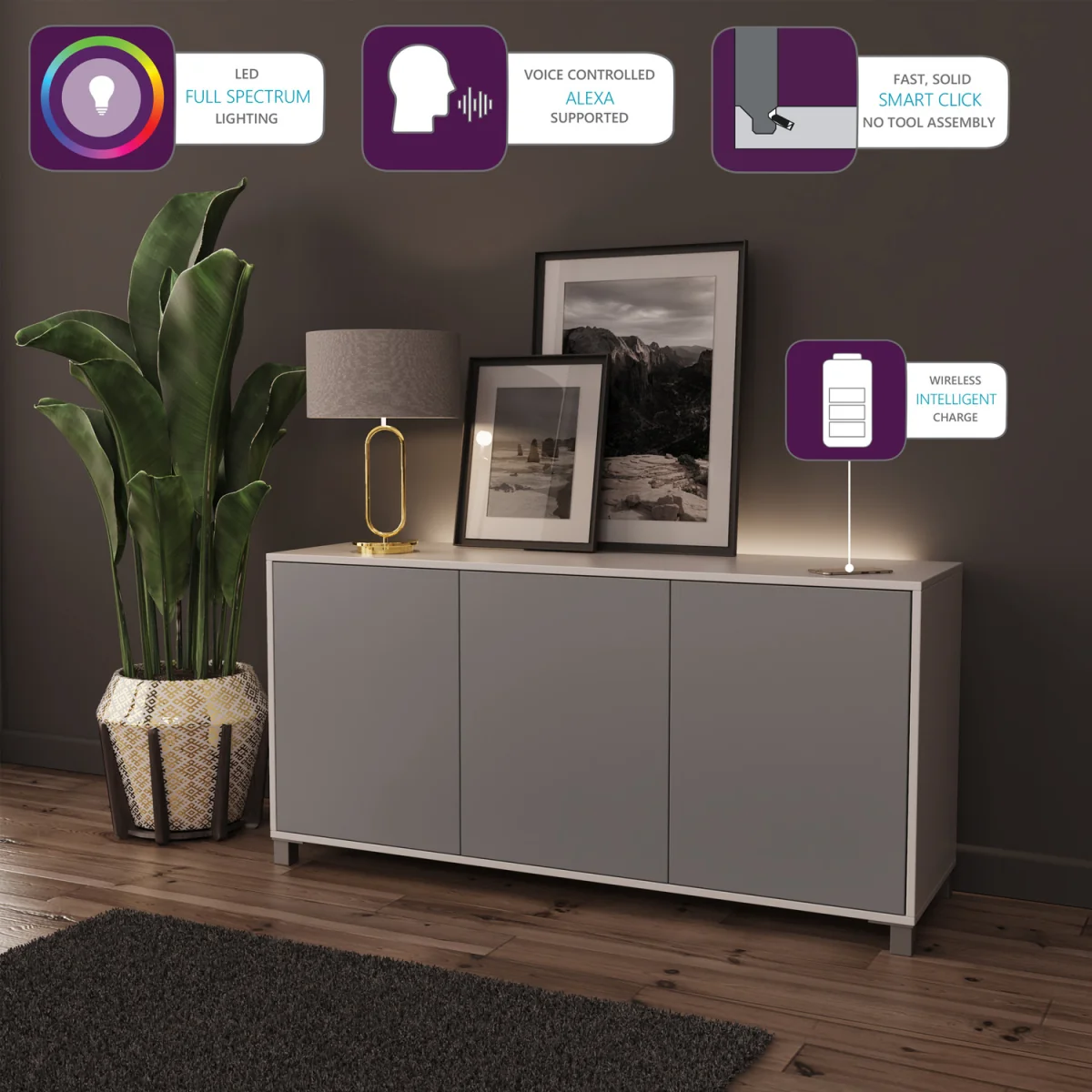 SMART Sideboard with Phone Charging & Mood Lighting - White/Grey – image 4