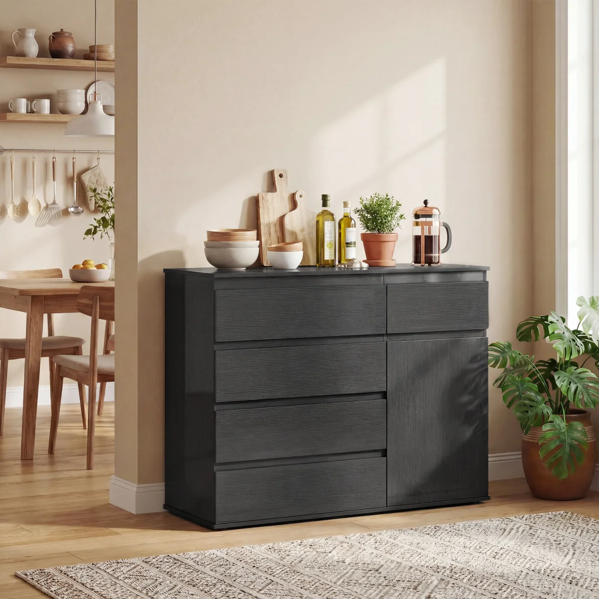 HOMCOM Sideboard Storage Cabinet, Kitchen Cupboard with 5 Drawers - Black – image 3
