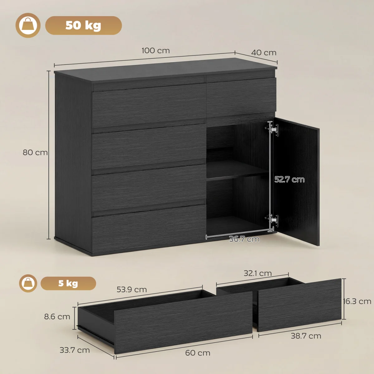 HOMCOM Sideboard Storage Cabinet, Kitchen Cupboard with 5 Drawers - Black – image 4