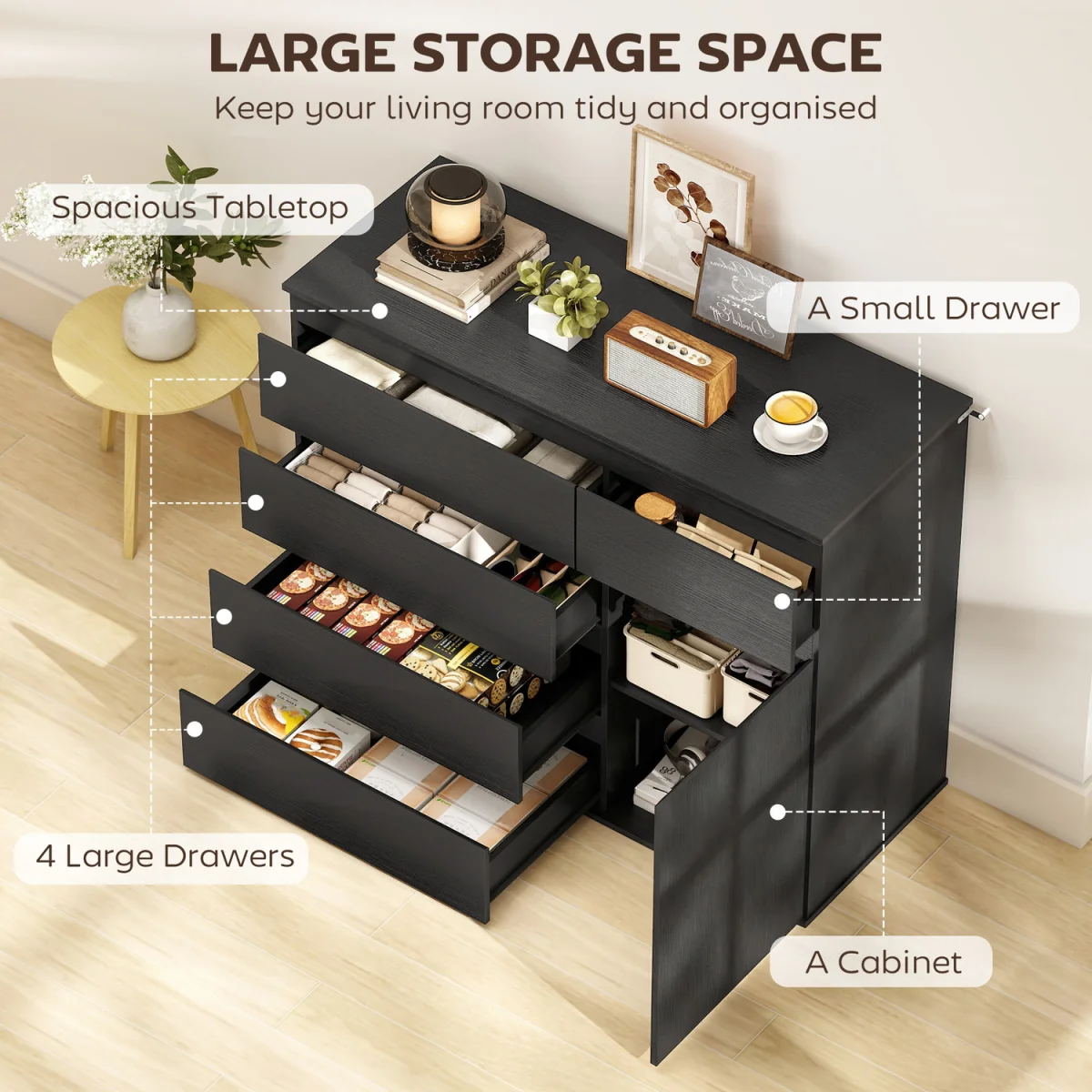 HOMCOM Sideboard Storage Cabinet, Kitchen Cupboard with 5 Drawers - Black – image 5
