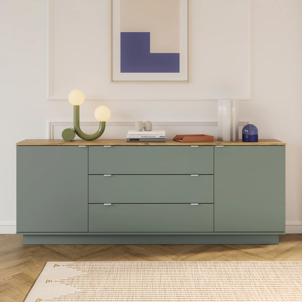 Ganymede Large Sideboard with 3 Drawers & 2 Doors - Mauvella Oak and Sage Green – image 2