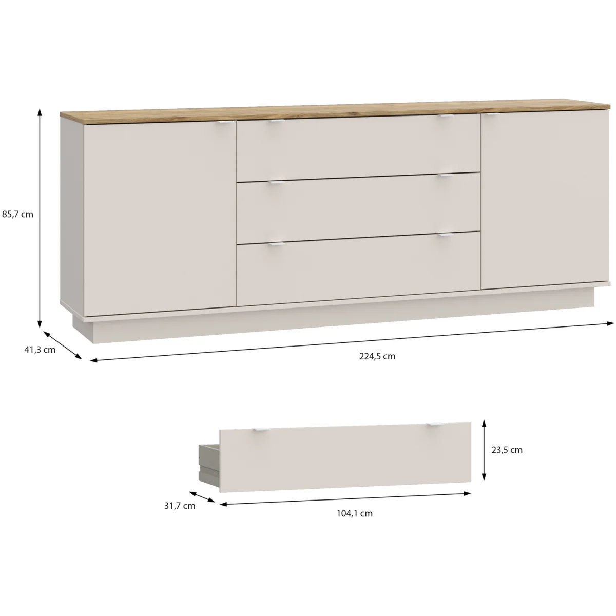 Ganymede Large Sideboard with 3 Drawers & 2 Doors - Mauvella Oak and Sage Green – image 12