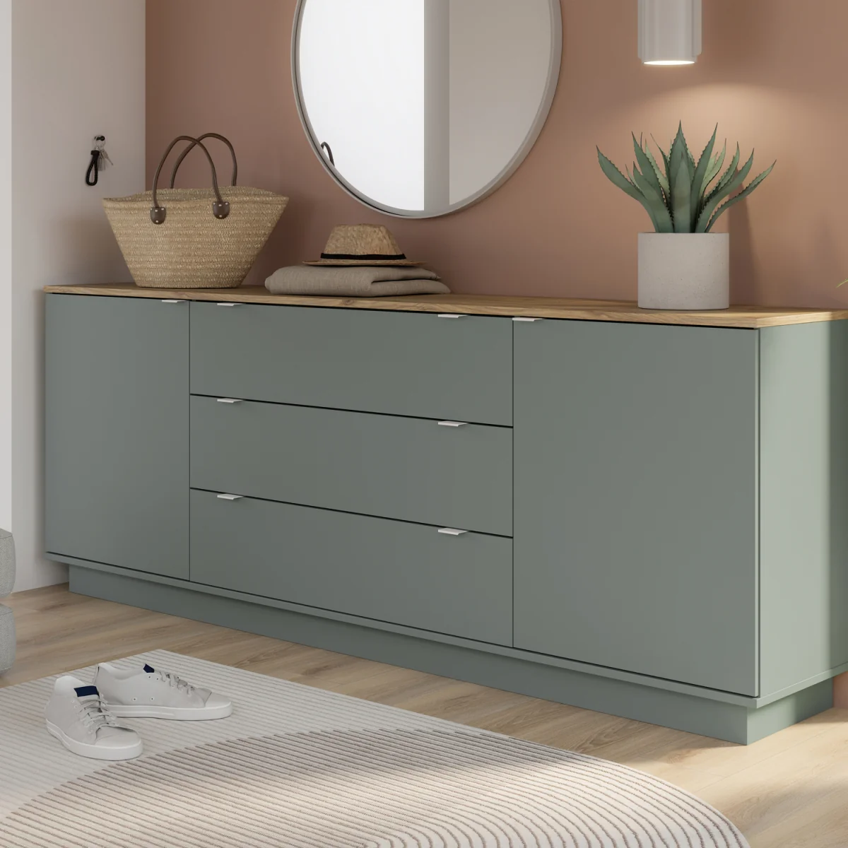 Ganymede Large Sideboard with 3 Drawers & 2 Doors - Mauvella Oak and Sage Green – image 5