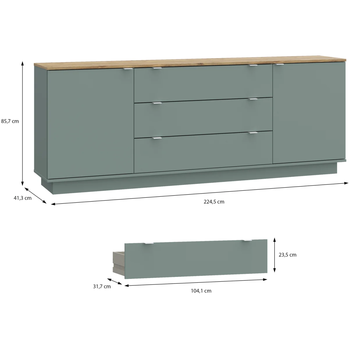 Ganymede Large Sideboard with 3 Drawers & 2 Doors - Mauvella Oak and Sage Green – image 7