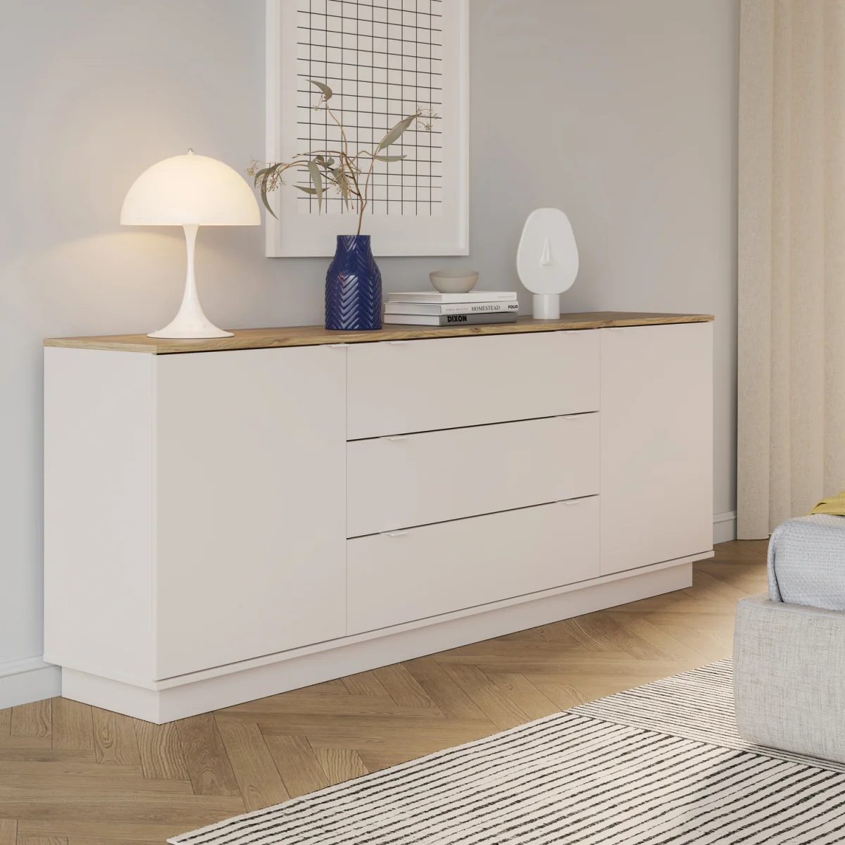 Ganymede Large Sideboard with 3 Drawers & 2 Doors - Mauvella Oak and Sage Green – image 10