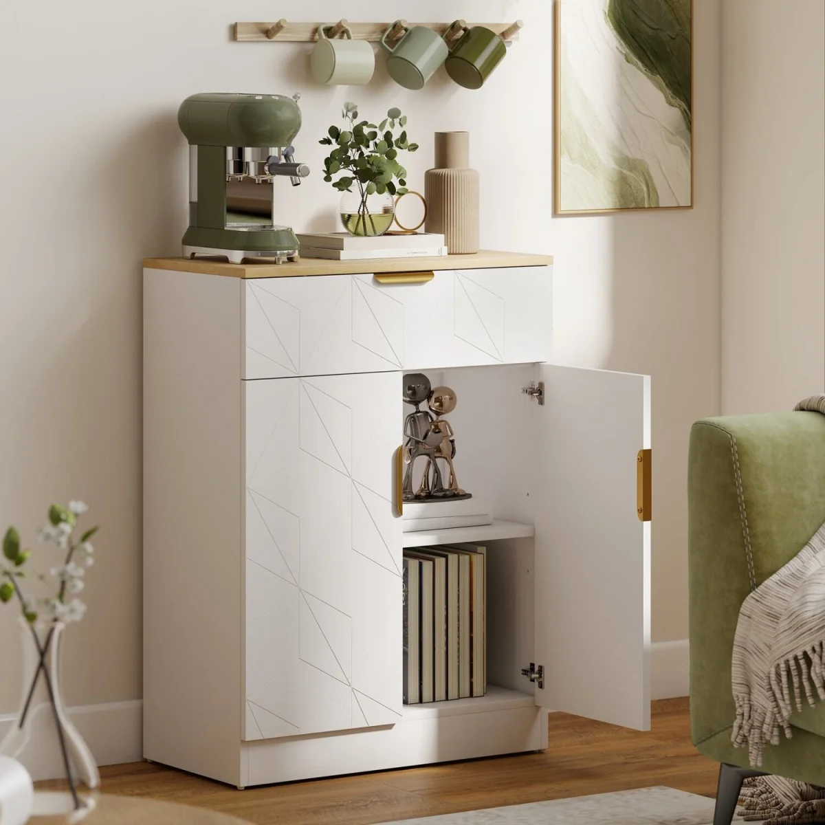 Rilosa White Geometric Sideboard Natural Top - Drawer and 2 Doors – image 4