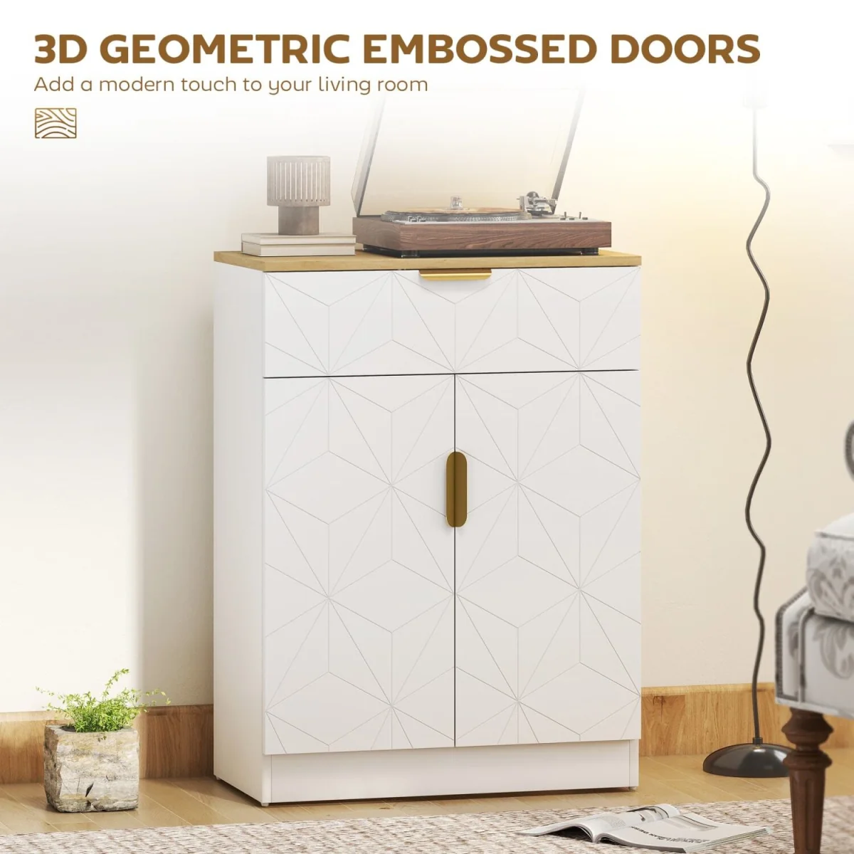 Rilosa White Geometric Sideboard Natural Top - Drawer and 2 Doors – image 6