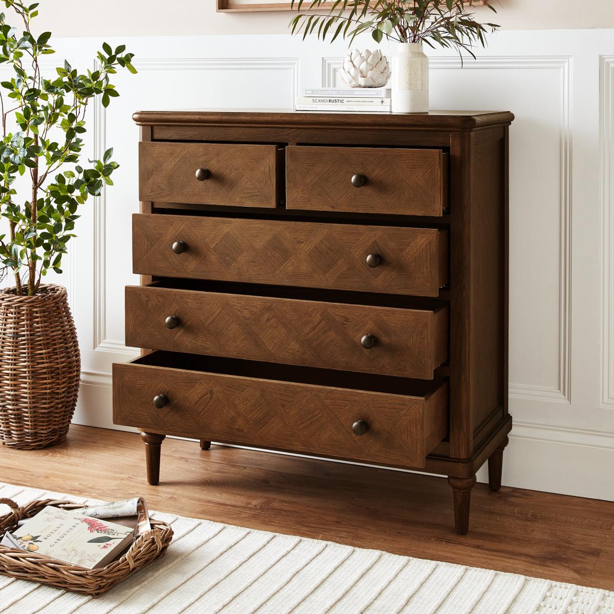 Boulton Wide 5 Drawer Chest Mid Stained Wood – image 3