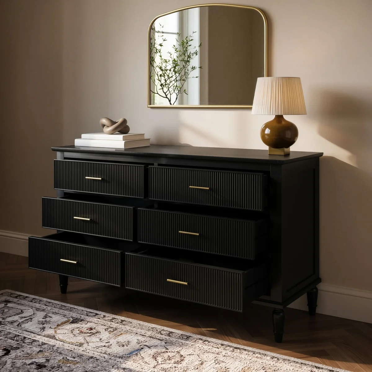 Black Ribbed 6 Drawer Chest of Drawers - Farah – image 2