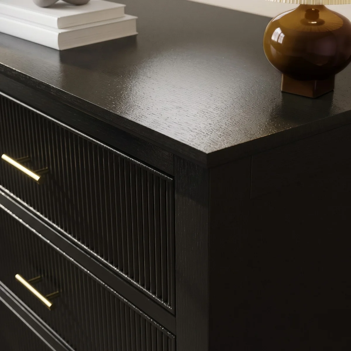 Black Ribbed 6 Drawer Chest of Drawers - Farah – image 3