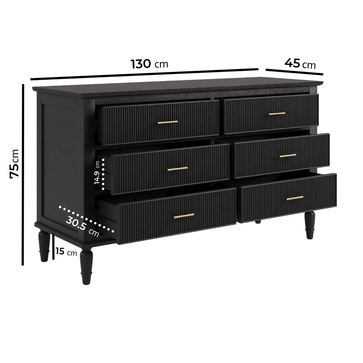 Black Ribbed 6 Drawer Chest of Drawers - Farah – image 4