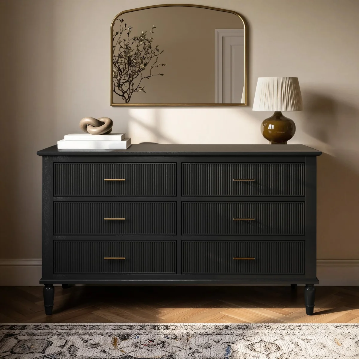 Black Ribbed 6 Drawer Chest of Drawers - Farah – image 1