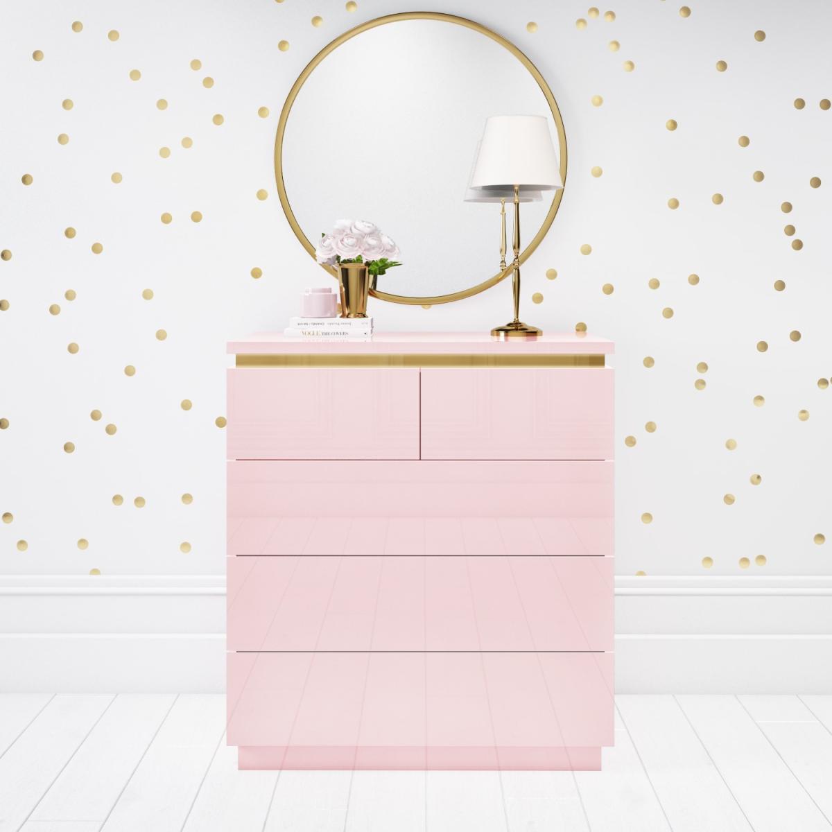 Pink High Gloss Tall Chest of Drawers with a Gold Trim - Isabella – image 2