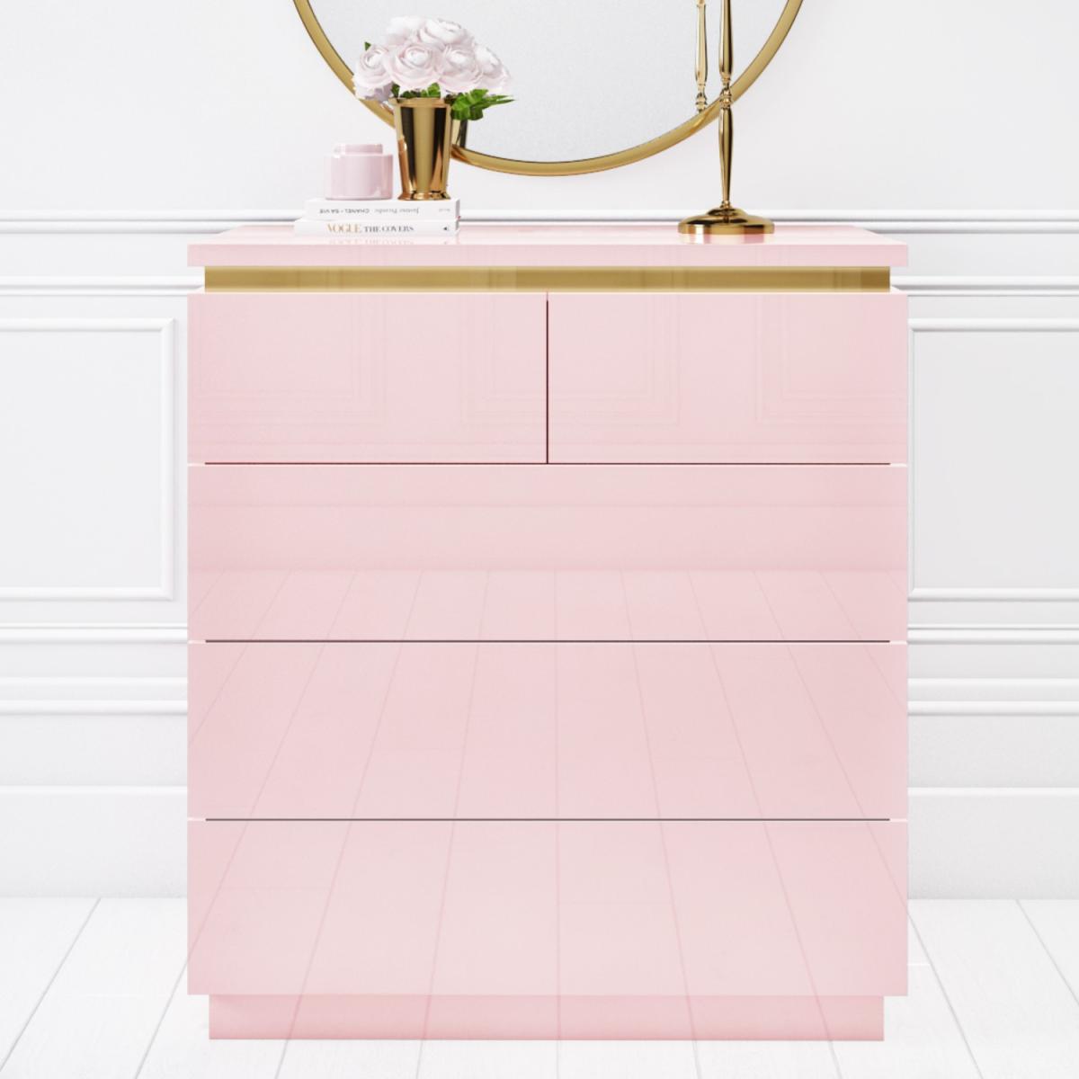 Pink High Gloss Tall Chest of Drawers with a Gold Trim - Isabella – image 6