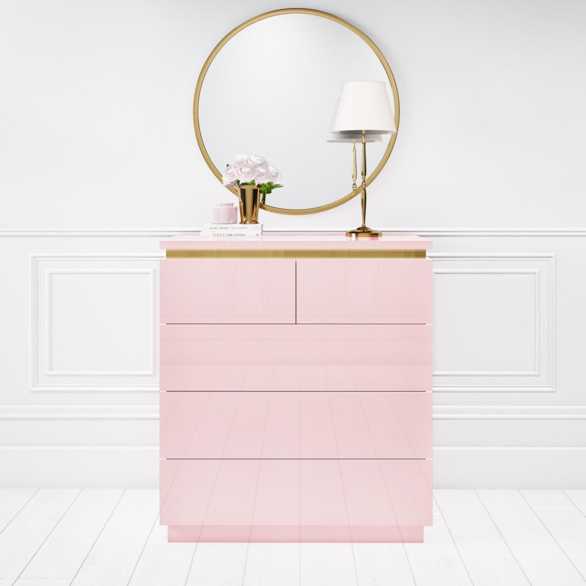Pink High Gloss Tall Chest of Drawers with a Gold Trim - Isabella – image 1