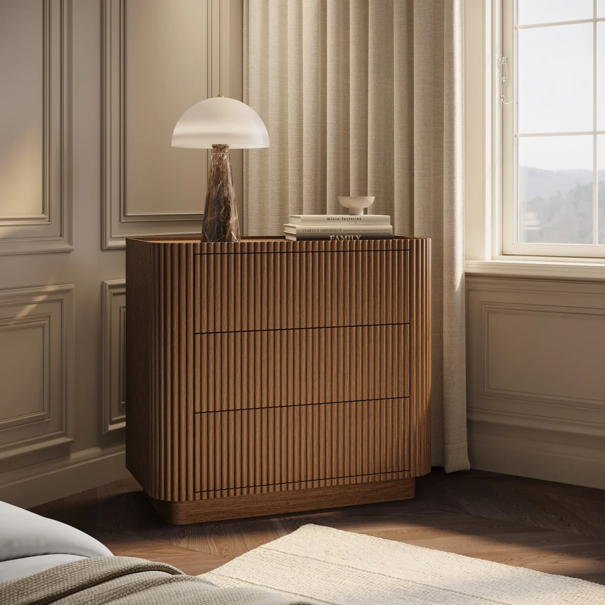 Walnut Ribbed 3 Drawer Chest of Drawers - Fully Assembled - Drew – image 2