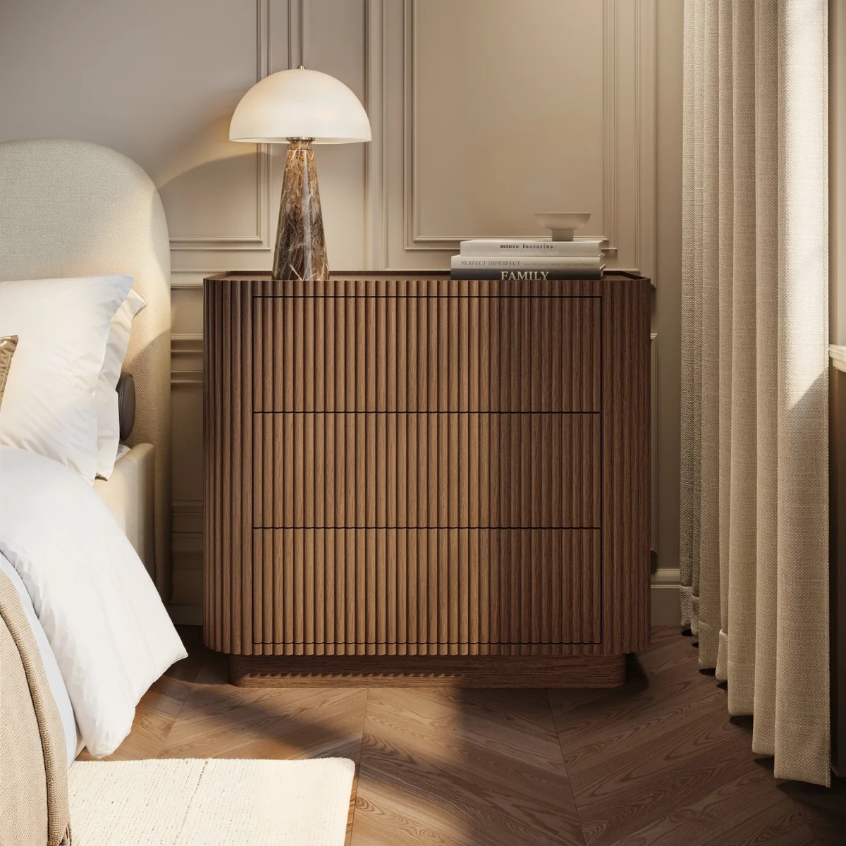 Walnut Ribbed 3 Drawer Chest of Drawers - Fully Assembled - Drew – image 3