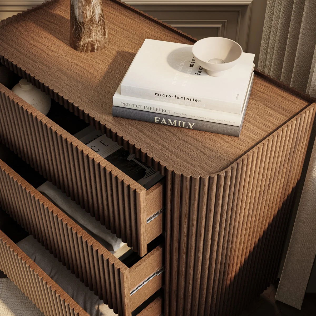 Walnut Ribbed 3 Drawer Chest of Drawers - Fully Assembled - Drew – image 4