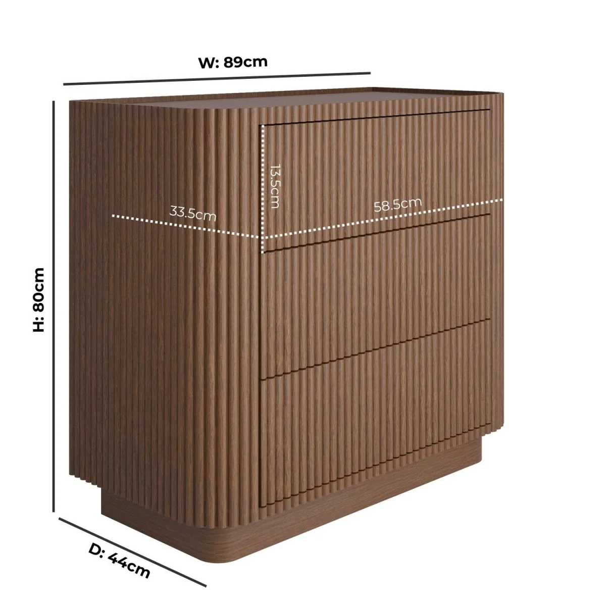Walnut Ribbed 3 Drawer Chest of Drawers - Fully Assembled - Drew – image 5