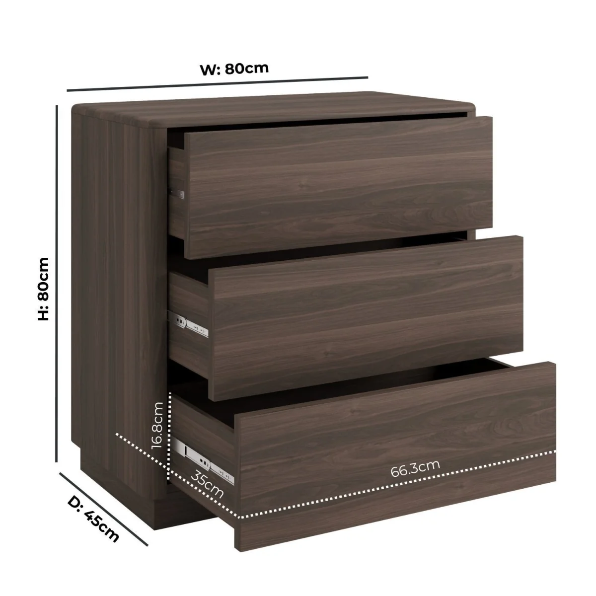 Modern Walnut 3 Drawer Chest of Drawers - Rowan – image 4