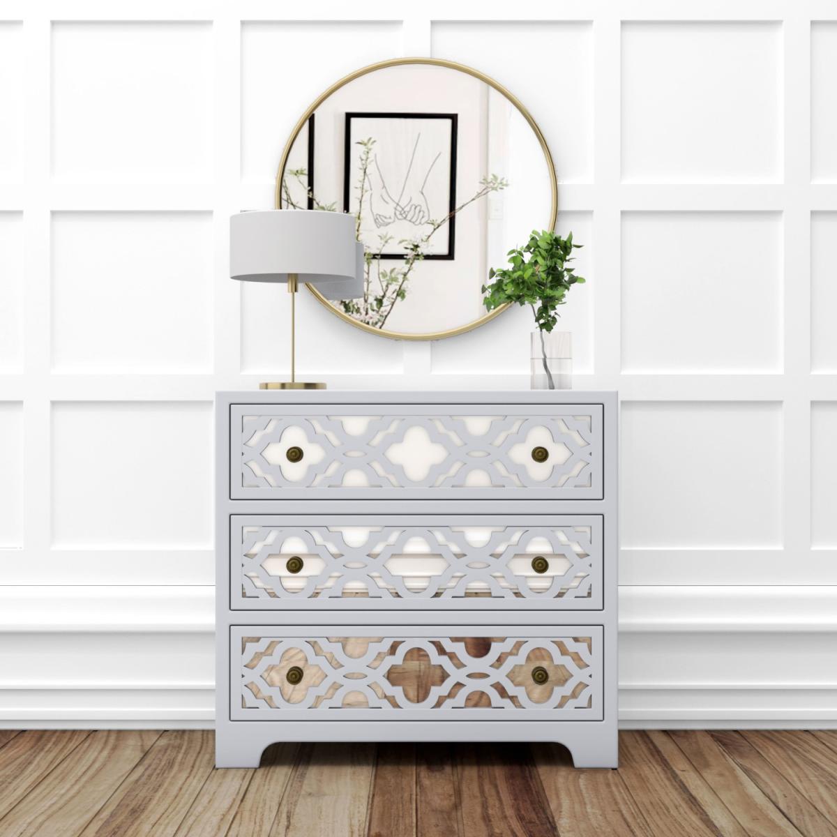 Alexis Mirrored 3 Drawer Chest of Drawers in Pale Grey with Carved Detail – image 2