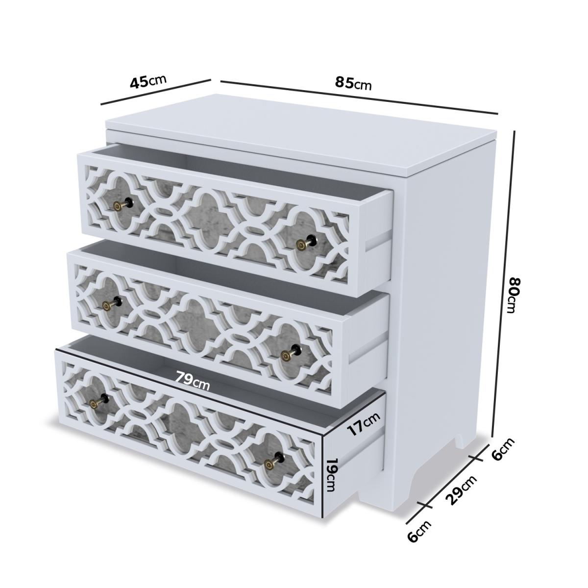 Alexis Mirrored 3 Drawer Chest of Drawers in Pale Grey with Carved Detail – image 3