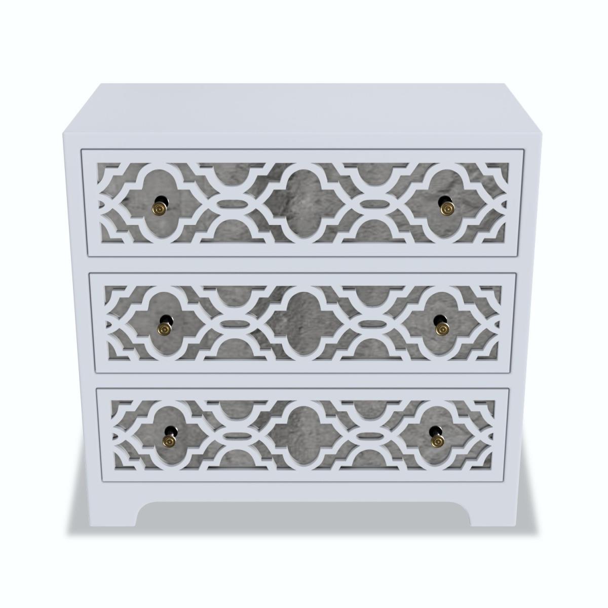 Alexis Mirrored 3 Drawer Chest of Drawers in Pale Grey with Carved Detail – image 5
