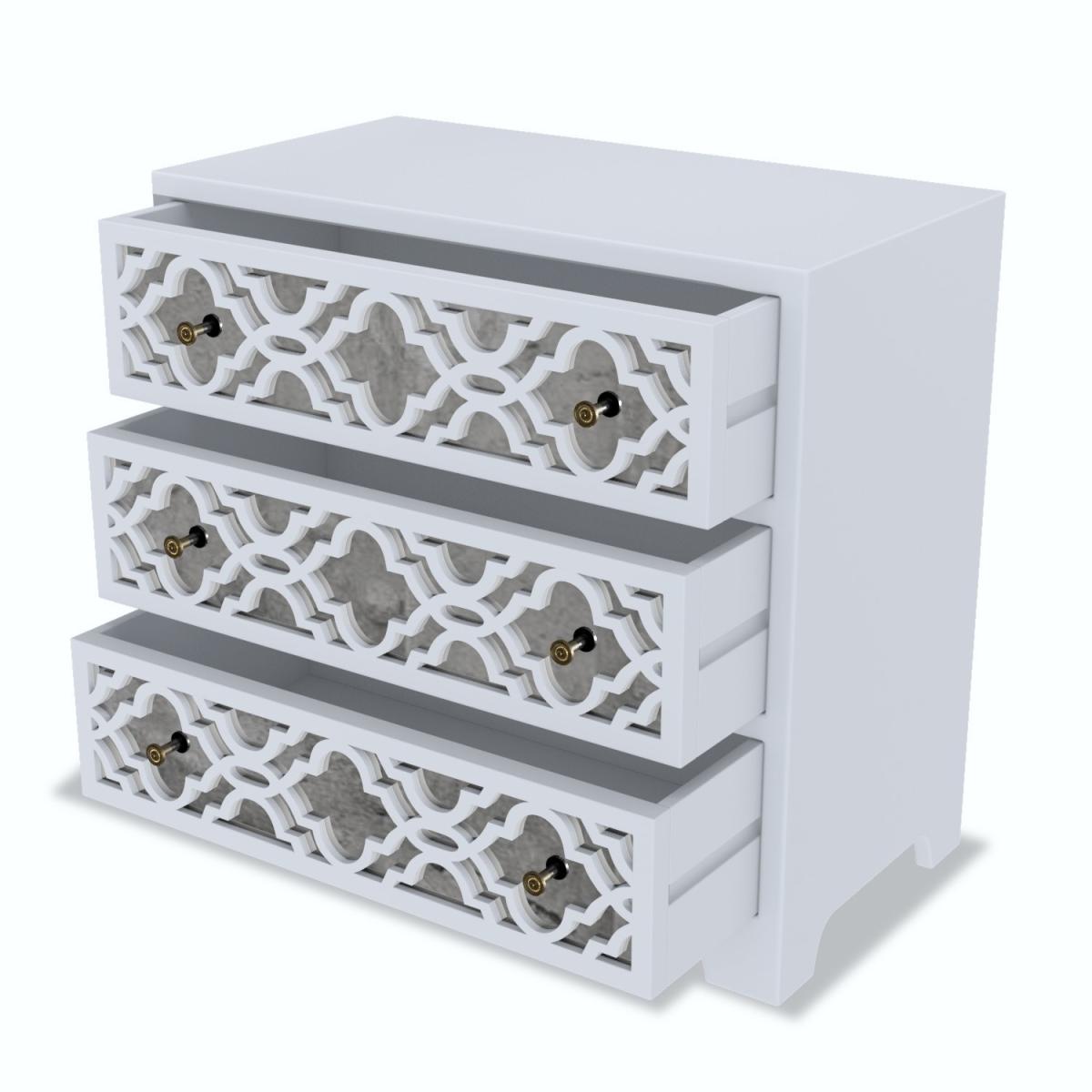 Alexis Mirrored 3 Drawer Chest of Drawers in Pale Grey with Carved Detail – image 6