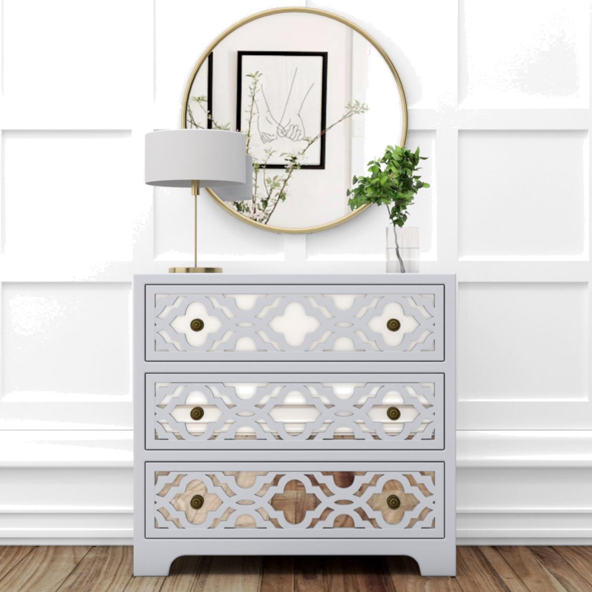 Alexis Mirrored 3 Drawer Chest of Drawers in Pale Grey with Carved Detail – image 1