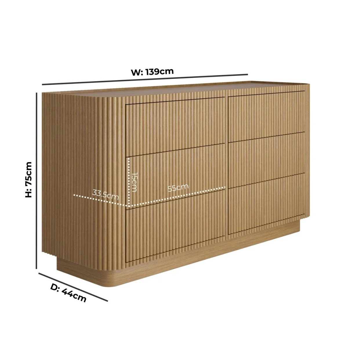 Natural Oak Ribbed 6 Drawer Large Chest of Drawers - Fully Assembled - Drew – image 4